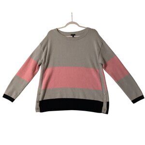 Talbots Womens XL Striped Sweater Pink Gray With Black Hem Soft Button Detail